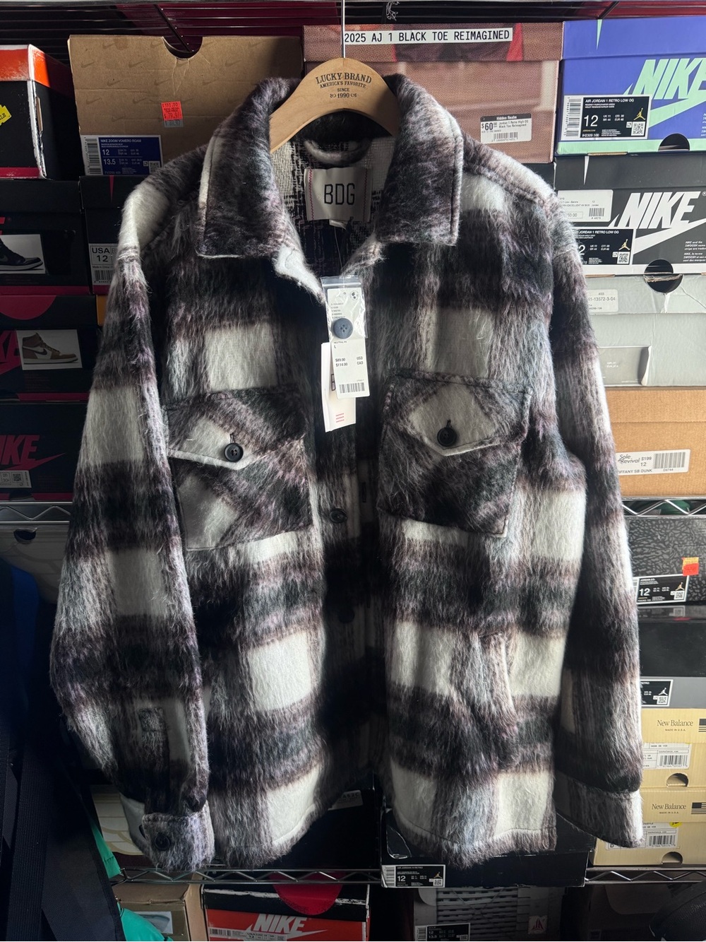 BDG Faux-Fur Plaid Shacket in Black and White with Brown Tones